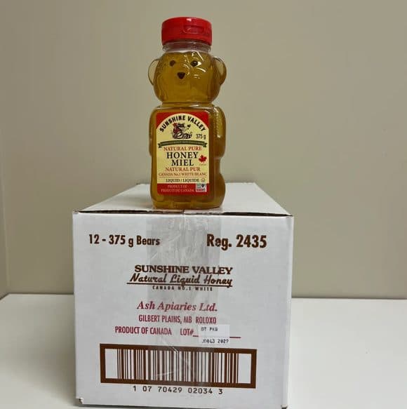 Sunshine Valley Natural Liquid Honey 375g Bear — Case of 12 | Ash Apiaries, Mani